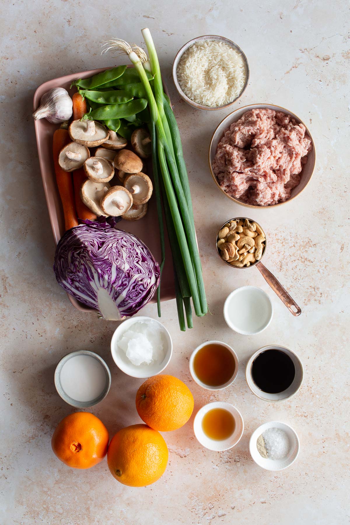 Stir fry ingredients laid out in flatlay style before cooking